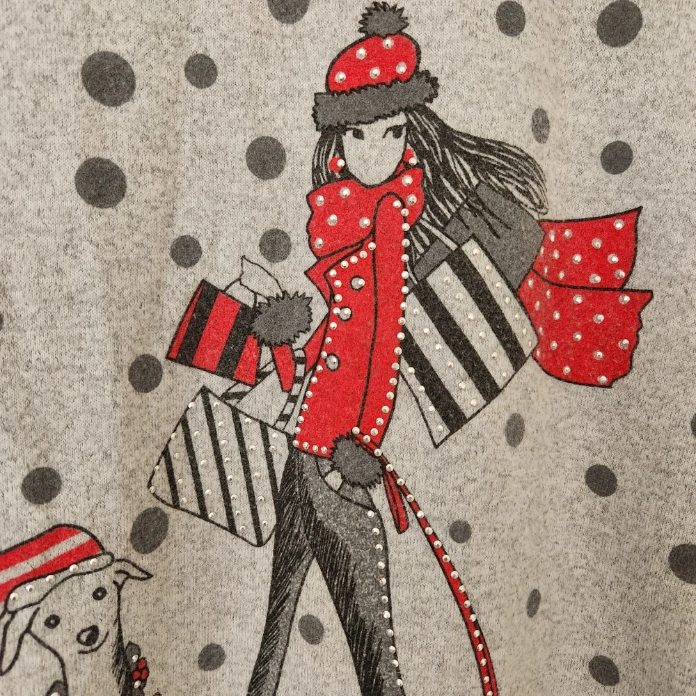 Holiday Sweater Girl & Dog Polka Dots Gray Studs Studded Whimsical Glam - Picture 6 of 16